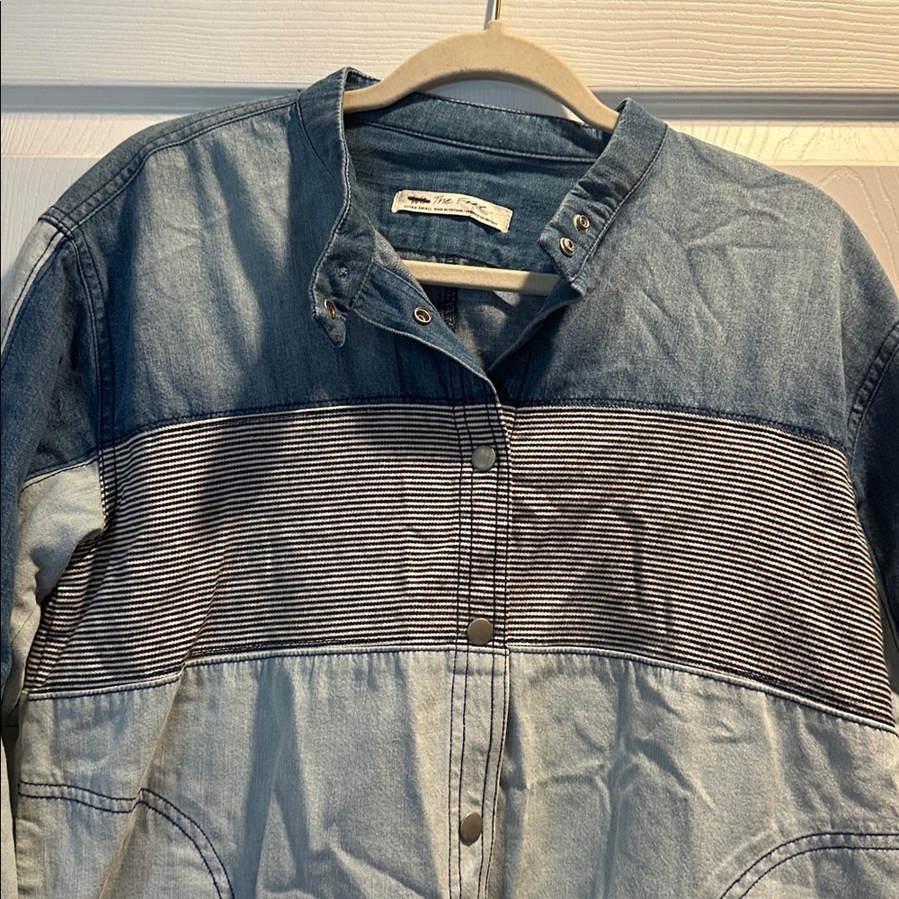 NEW! Free People We The Free Moto Denim Patchwork Colorblock Shirt XS Shacket - Picture 4 of 11